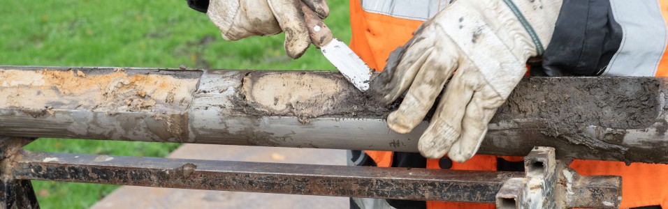 Hohlgestänge mit Bodenprobe mit Mensch in Arbeitsjacke