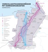 Auf einer Karte eingezeichneter Vorschlagstrassenkorridor sowie potenzielle Alternativen für Korridor B